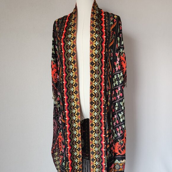 Hemant & Nandita Silk Embroidered Coin Fringe Boho Kimono Cover-Up Multicolor - Picture 3 of 15